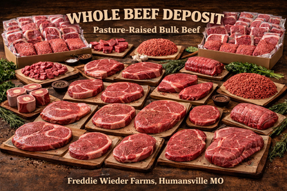 Whole Beef Deposit – Pasture-Raised Bulk Beef – Freddie Wieder Farms, Humansville MO